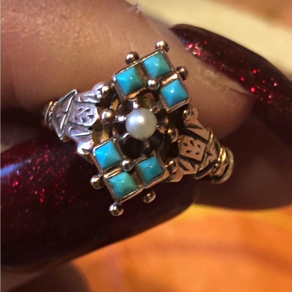 Antique Etruscan Revival Persian Turquoise Seed Pearl Ring 9k tested rare